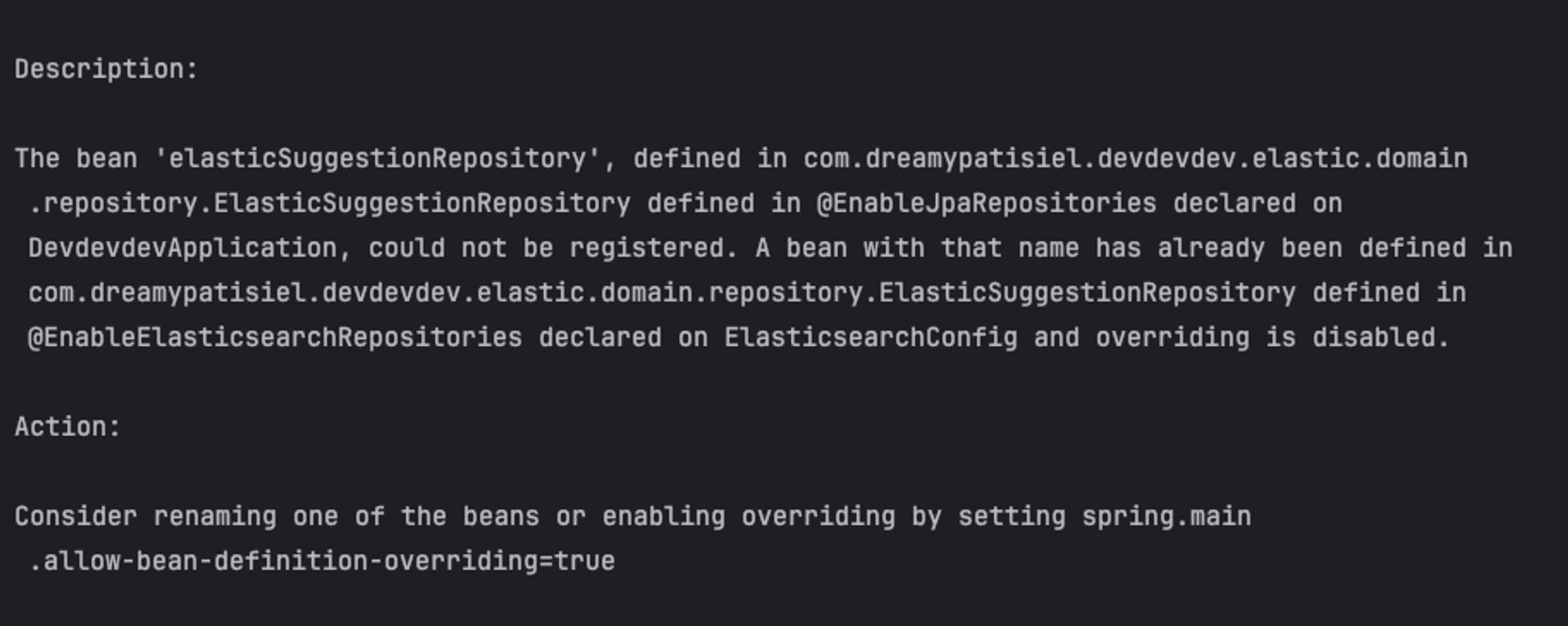 A bean with that name has already been defined in XXX defined in @EnableElasticsearchRepositories declared on ElasticsearchConfig and overriding is disabled.